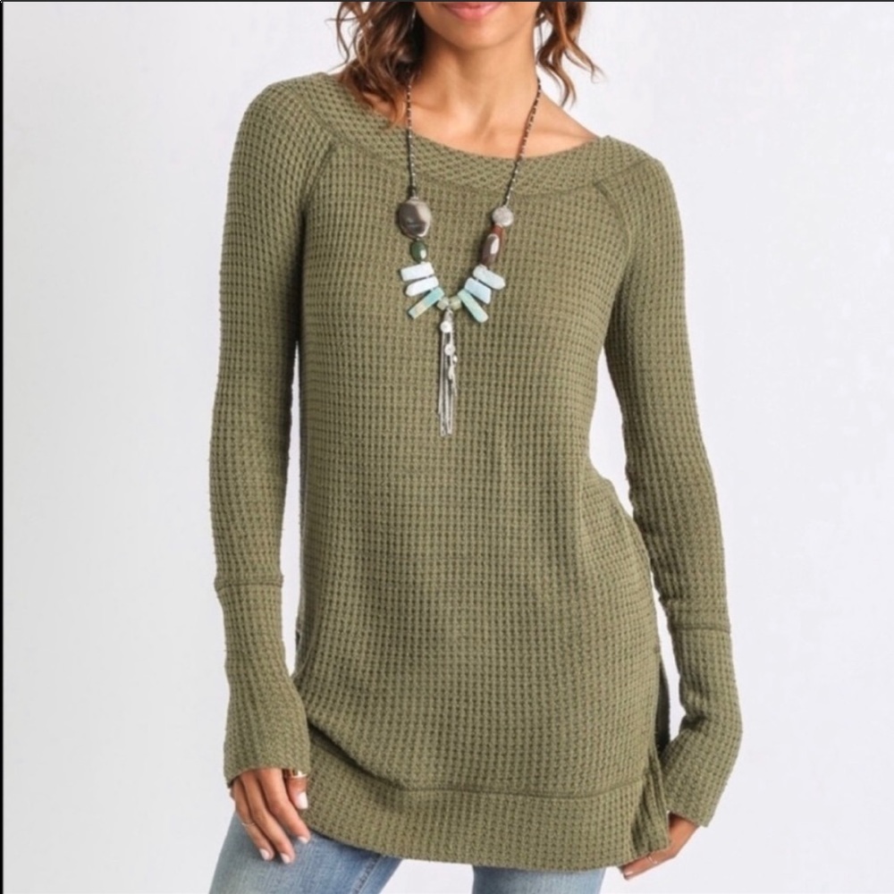 Free People Kate Thermal Long Sleeved Top: Olive Army Camo Green